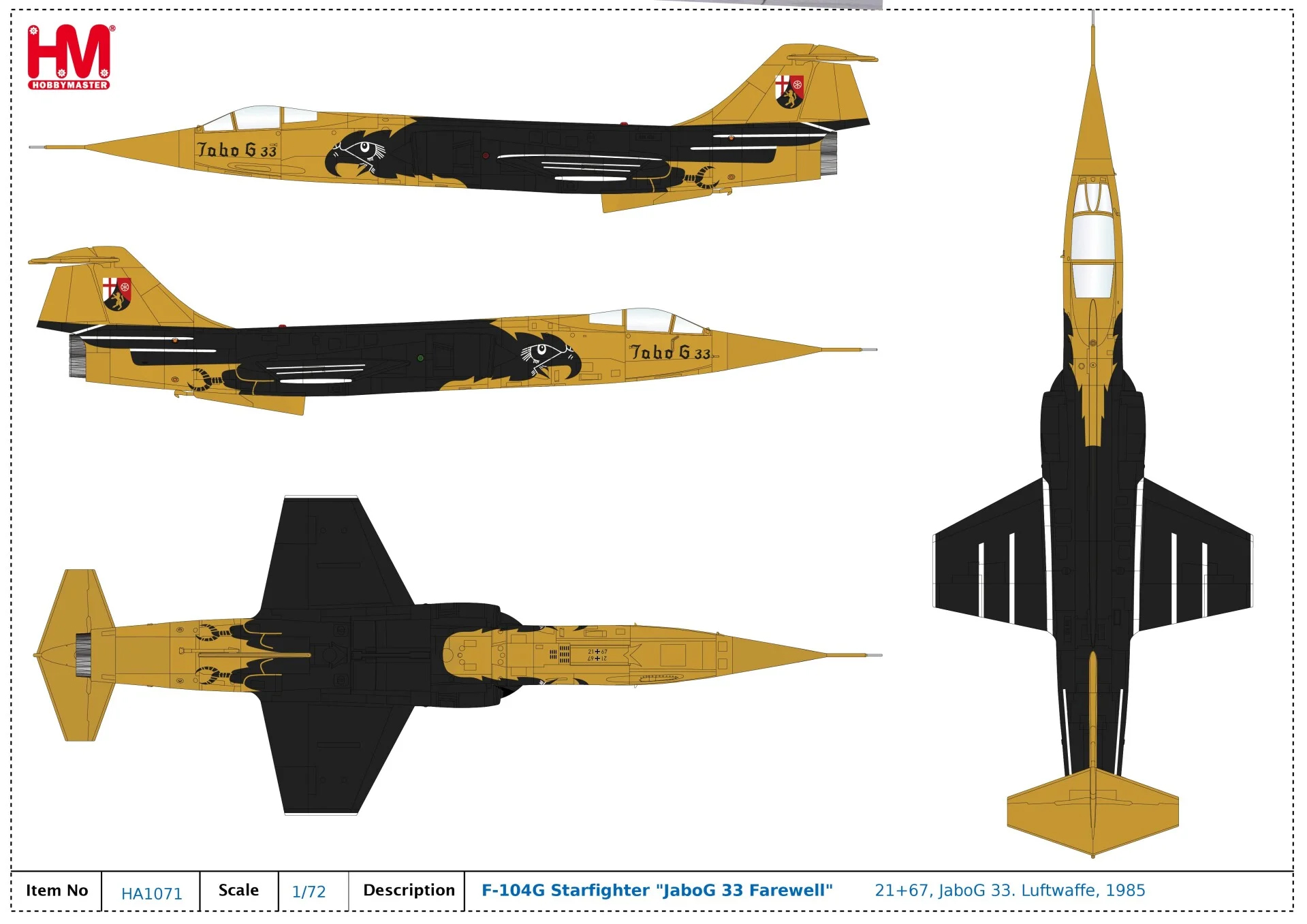 HA1071德國空軍F-104G星式戰鬥機第33聯隊#22+67除役彩繪模型